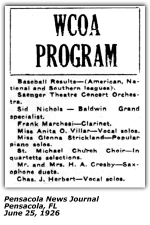 Radio Log - WCOA - Pensacola, FL - Glenna Strickland - June 25, 1926