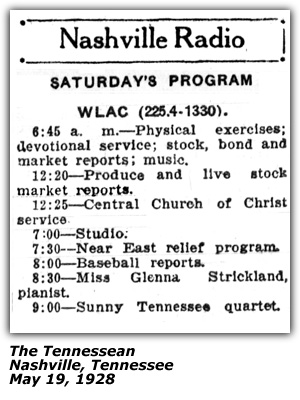 Radio Log - WLAC - Nashville - Glenna Strickland - May 19, 1928