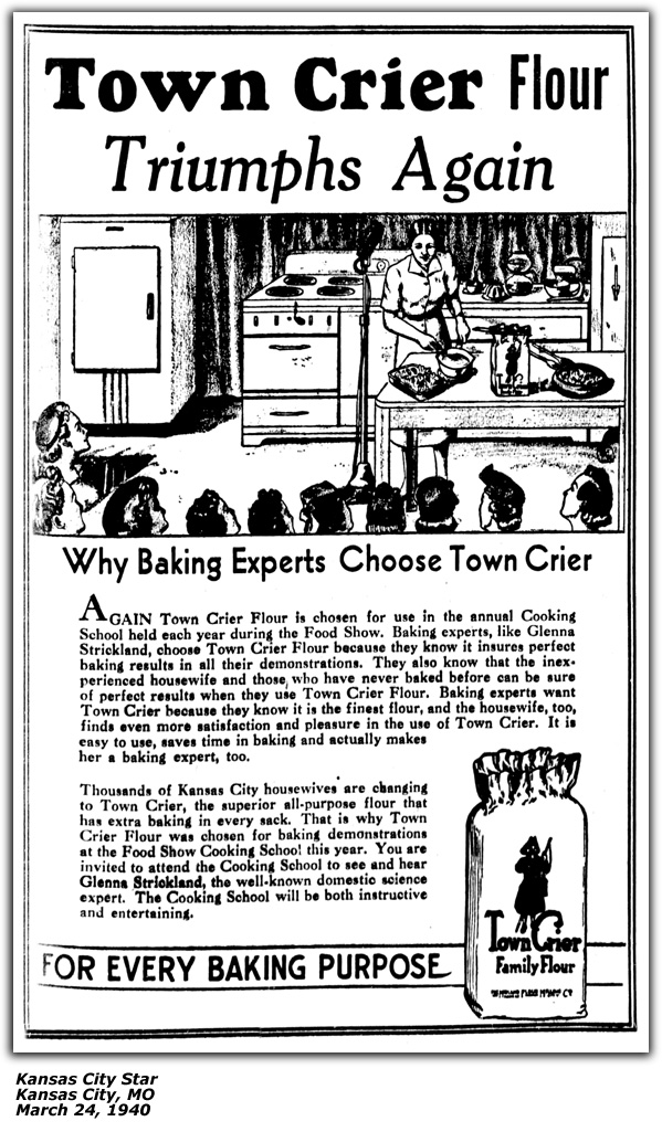 Promo Ad - Town Crier Flour - Kansas City, MO - Glenna Strickland - March 1940