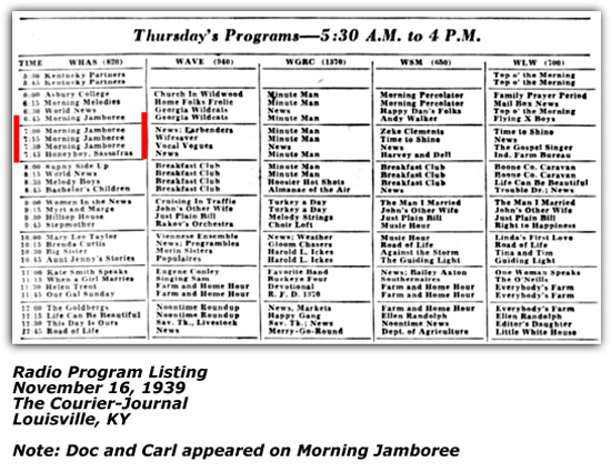 Radio Program Listing - WHAS - Doc and Carl Morning Jamboree - November 16 1939