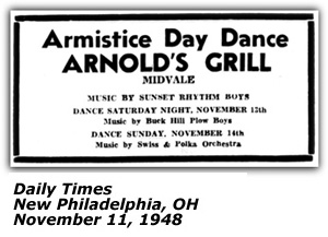 Promo Ad - Arnold's Grill - Midvale, OH - Sunset Rhythm Boys - November 1948