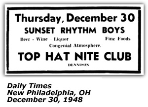 Promo Ad - Top Hat Nite Club - Dennison, OH - Sunset Rhythm Boys - December 1948