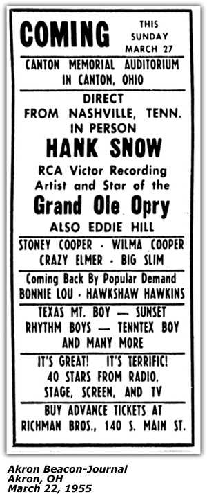 Promo Ad - Canton Memorial Auditorium - Hank Snow - Eddie Hill - Stoney Cooper - Wilma Cooper - Bonnie Lou - Big Slim - Hawkshaw Hawkins - Sunset Rhythm Boys - March 1955