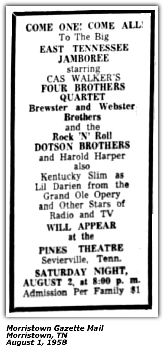 Promo Ad August 1958 - East Tennessee Jamboree - Kentucky Slim, Cas Walker