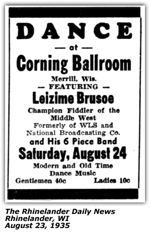 Promo Ad - Corning Ballroom - Leizime Brusoe - Rhinelander WI - August 1935