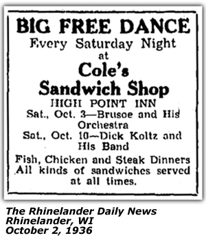 Promo Ad - Cole's Sandwich Shop - Rhinelander WI - Brusoe and his Orchestra - October 1936
