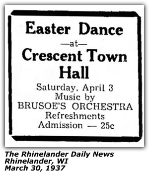 Promo Ad - Easter Dance at Crescent Town Hall Rhinelander WI - Brusoe's Orchestra - March 1937