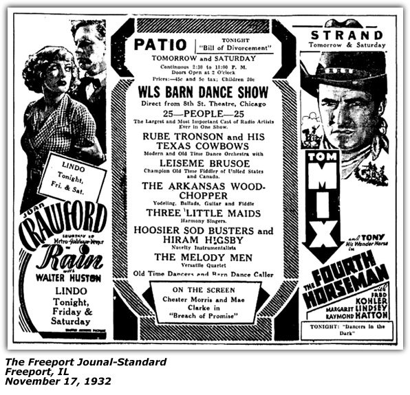 Promo Ad - Patio Theatre - Freeport, IL - Rube Tronson, Leisime Brusoe, Arkansas Woodchopper, Three Little Maids, Hoosier Sod Busters and Hiram Higsby, The Melody Men - November 1932