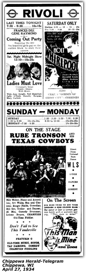 Promo Ad - Rivioli Theatre Chippewa WI - Rube Tronson, Milt Weber, Art Wales, Booger Fields, Bill Orr, Al Mee, Leisme Brusoe - April 1934