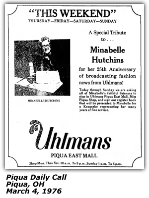 Promo Ad - Uhlmans - Piqua, OH - Minabelle Hutchins - March 1976