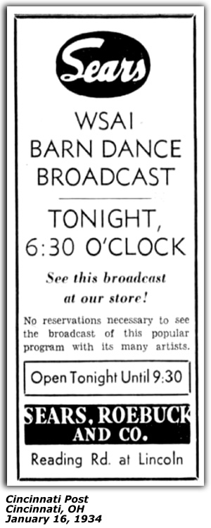 promo ad - January 1934 - WSAI Barn Dance - Cincinnati, OH