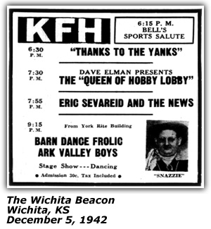 Promo Ad - KFH Barn Dance Frolic - Wichita, KS - Ark Valley Boys - Cousin Snazzie - Houghston Fortner - December 1942