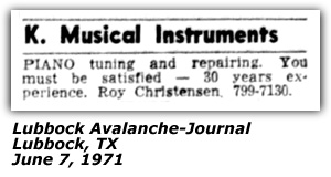 Classified Ad - Piano Tuning - Roy Christensen - Lubbock, TX - July 1971