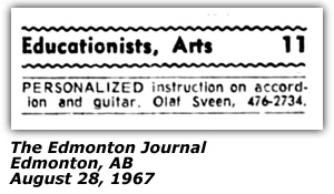 Promo Ad - Personalized Instruction - Accordion - Olaf Sveen - Edmonton, AB - August 1967