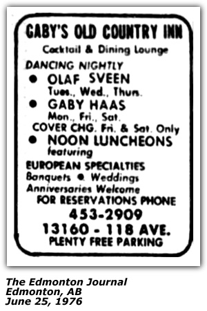 Promo Ad - Gaby's Old Country Inn - Edmonton, AB - Olaf Sveen - Gaby Haas - June 1976
