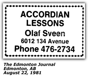 Promo Ad - Accordian Lessons - Olaf Sveen - August 1981