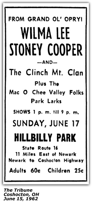 Promo Ad - Hillbilly Park - June 17, 1962 - Newark, OHWilma Lee and Stoney Cooper - Mac-O-Chee Valley Folks