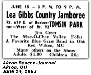 Promo Ad - Lee Gibbs Country Jamboree - Tomsik Park - Barberton, OH - Jim Greer - The Mac-O-Chee Valley Folks