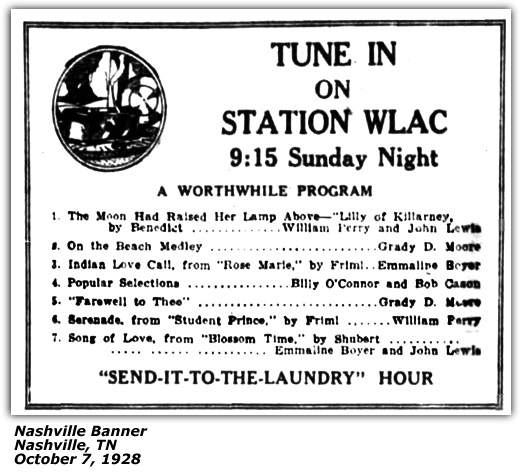 Promo Ad - WLAC - Billy O'COnnor - Bob Cason - Grady D. Moore - October 1928