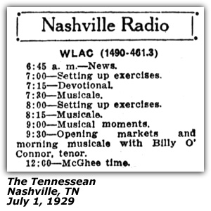 Radio Log - WLAC - Nashville, TN - Opening Markets - Billy O'Connor - July 1929