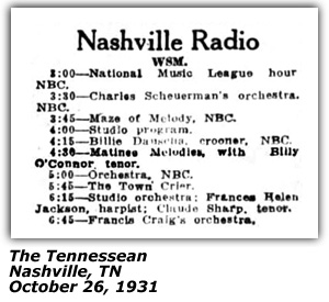 Radio Log - WSM - Nashville, TN - Matinee Melodies - Billy O'Connor - October 1931