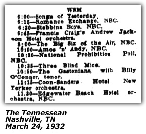 Radio Log - WSM - Nashville, TN - The Gastonians with Billy O'Connor - March 1932