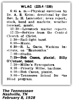 Radio Log - WLAC - Nashville, TN - Bob Cason - Billy O'Connor - February 1928
