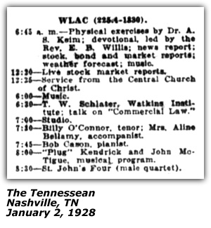 Radio Log - WLAC - Nashville, TN - Billy O'Connor - Mrs. Aline Bellamy - January 1928