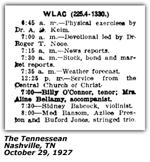 Radio Log - WLAC - Nashville, TN - Billy O'Connor - Mrs. Aline Bellamy - October 1927