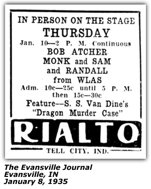 Promo Ad - Rialto Theatre - Tell City, IN - Bob Atcher - Randy Atcher - Monk and Sam - January 1935