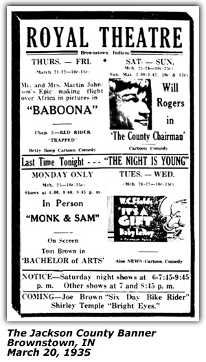 Promo Ad - Royal Theatre - Brownstown, IN - Monk and Sam - March 1935