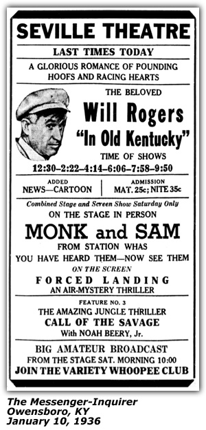 Promo Ad - Seville Theatre - Owensboro, KY - Monk and Sam - January 1936