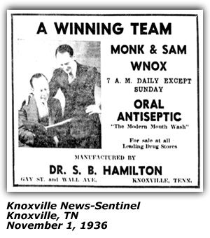 Promo Ad - WNOX - Monk and Sam - Dr. S. B. Hamilton - November 1, 1936