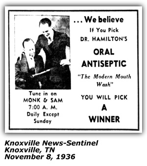 Promo Ad - WNOX - Monk and Sam - Dr. S. B. Hamilton - November 8, 1936