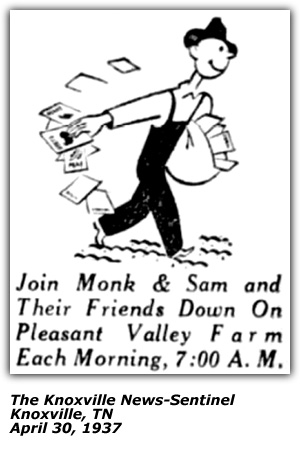 Promo Ad - WNOX - Pleasant Valley Farm - Monk and Sam - April 1937