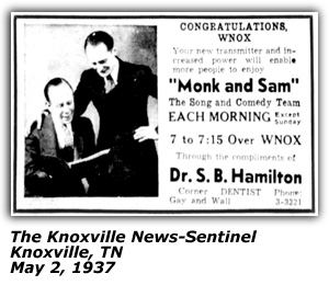 Promo Ad - WNOX - Monk and Sam - Dr. S. B. Hamilton  May 2, 1937