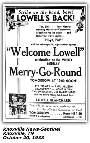 Promo Ad - WNOX - Midday Merry-Go-Round - Lowell Blanchard - Monk and Sam - Grandpappy - Tys Terwey - Paul Allson - the Swingsters - Harry Nides - October 1938