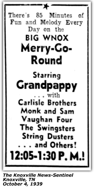 Promo Ad - WNOX - Merry-Go-Round - Grandpappy - Carlisle Brothers - Monk and Sam - Vaughan Four - The Swingsters - String Dusters - October 1939