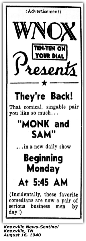 Promo Ad - WNOX - Monk and Sam - August 16, 1940