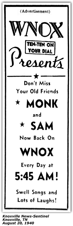 Promo Ad - WNOX - Monk and Sam - August 20, 1940
