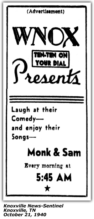 Promo Ad - WNOX - Monk and Sam - October 21, 1940