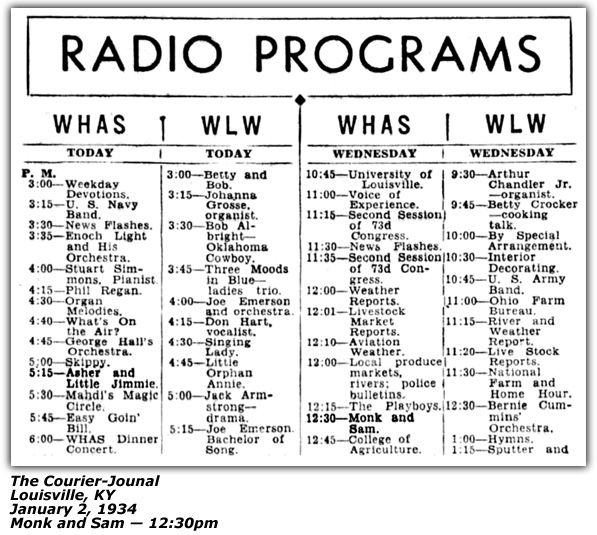Radio Log - WHAS - Louisville, KY - Monk and Sam - January 1934