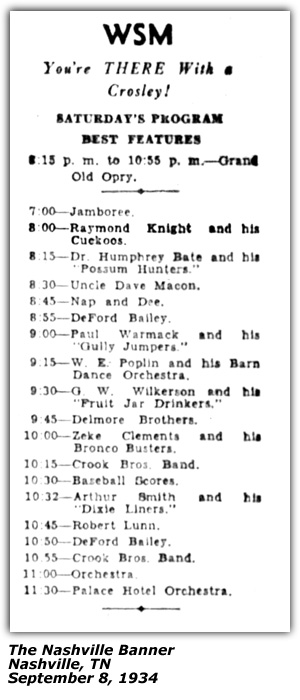 WSM Radio Log - September 8, 1934 - Raymond Knight and his Cuckoos - Grand Ole Opry