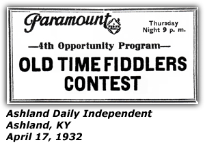 Promo Ad - Paramount Theatre - Ashland, KY - Old-Time Fiddler's Contest - April 17 1932