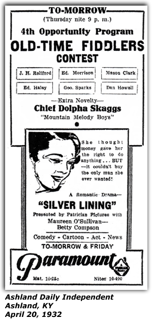 Promo Ad - Old-Time Fiddlers Contest - Paramount Theatre - Ashland, KY - Chief Dolpha Skaggs - Mountain Melody Boys - April 20 1932