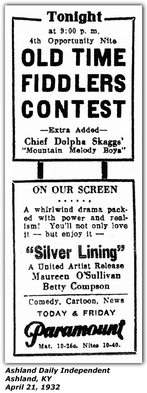 Promo Ad - Old Time Fiddlers Contest - Paramount Theatre - Ashland, KY - Chief Dolpha Skaggs - Mountain Melody Boys - April 21 1932