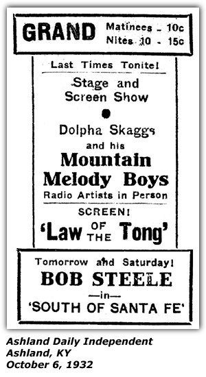 Promo Ad - Grand Theatre - Ashland, KY - Dolpha Skaggs and his Mountain Melody Boys - October 1932