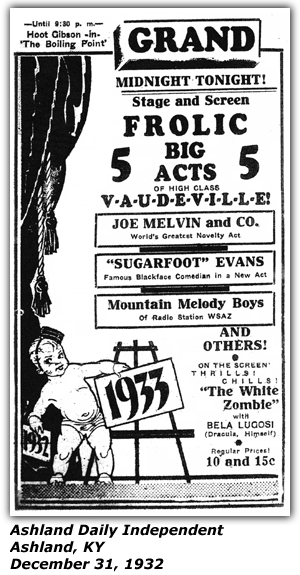 Promo Ad - Grand Theatre - Ashland, KY - Joe Melvin - Mountain Melody Boys of WSAZ - Sugarfoot Evans - Dec 31 1932