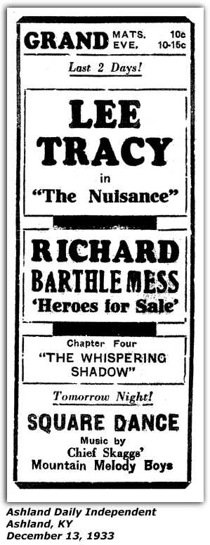 Promo Ad - Grand Theatre - Ashland, KY - Chief Skaggs' Mountain Melody Boys - Square Dance - December 1933