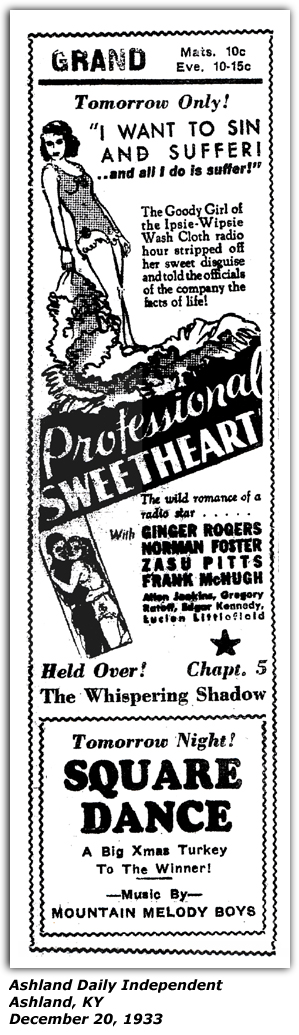 Promo Ad - Palace Theatre - Ashland, KY - Square Dance - Mountain Melody Boys - Dec 20 1933